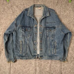 Vtg TYCA Trucker Embossed Armstrong Denim Jacket Mens XL USA Workwear Country